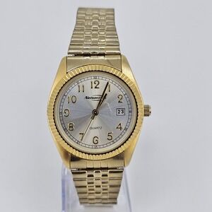 VTG Nelsonic 35MM Men's Watch Gold Dial Date Gold Expandable Band 7" New Battery